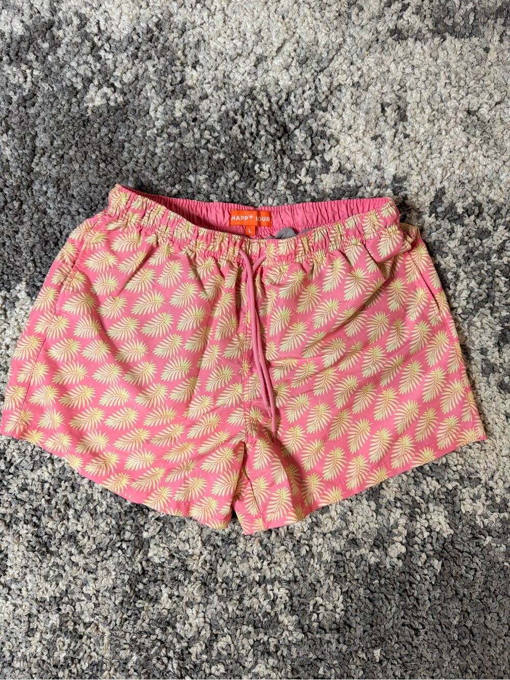 Happy Hour, Men’s Pink & Yellow Palm Leaf Print Swim Trunks Swimwear, Large
